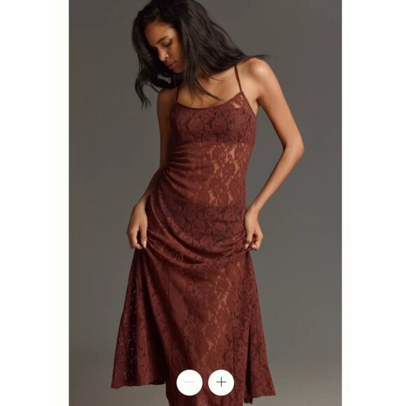 Anthropologie Brown Lace Slip Maxi Dress M NWT Boho Fall Romantic Unlined - Picture 5 of 9